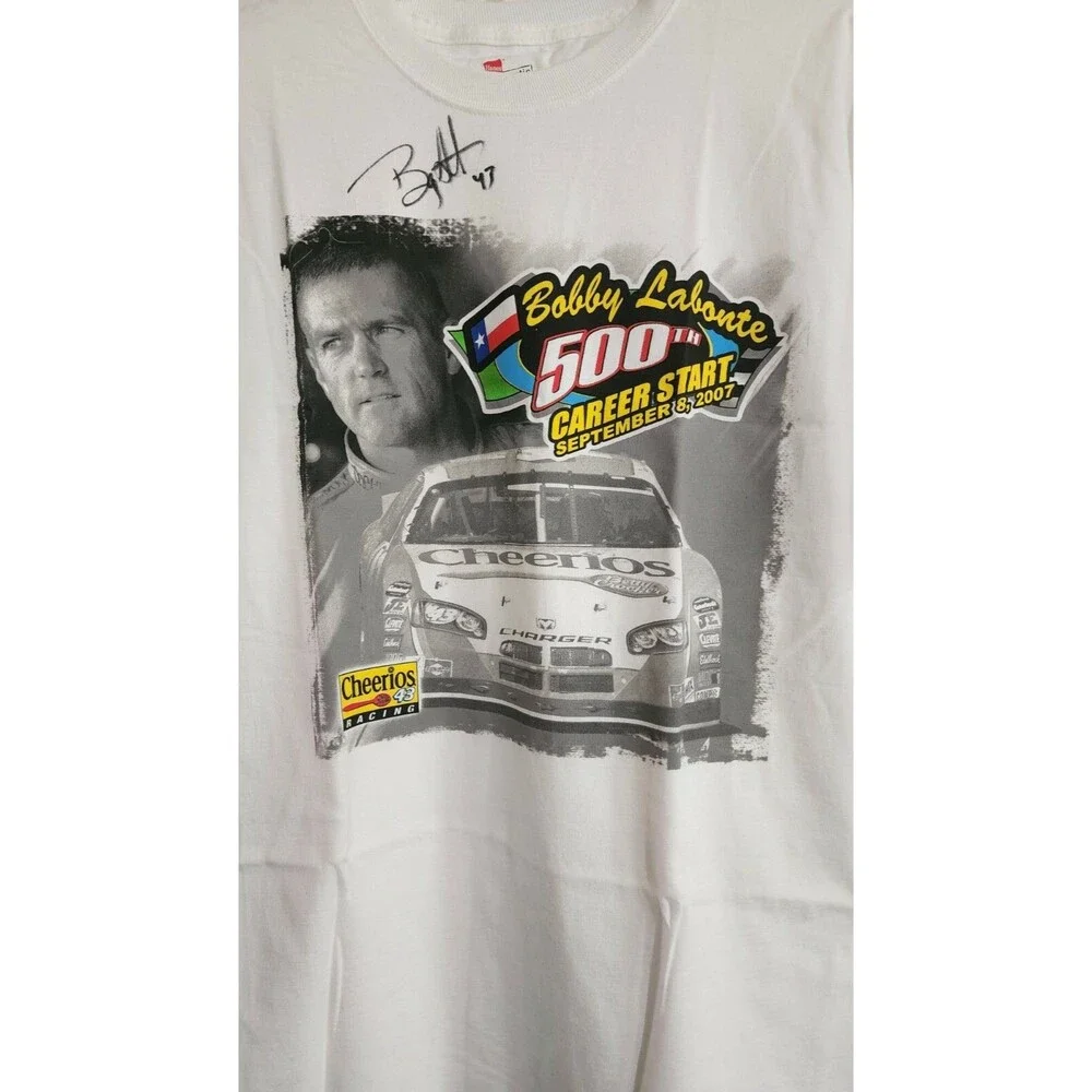 NEW Hanes Bobby Labonte NASCAR signed T Shirt Cheerios Racing 43 Graphic Tee L
